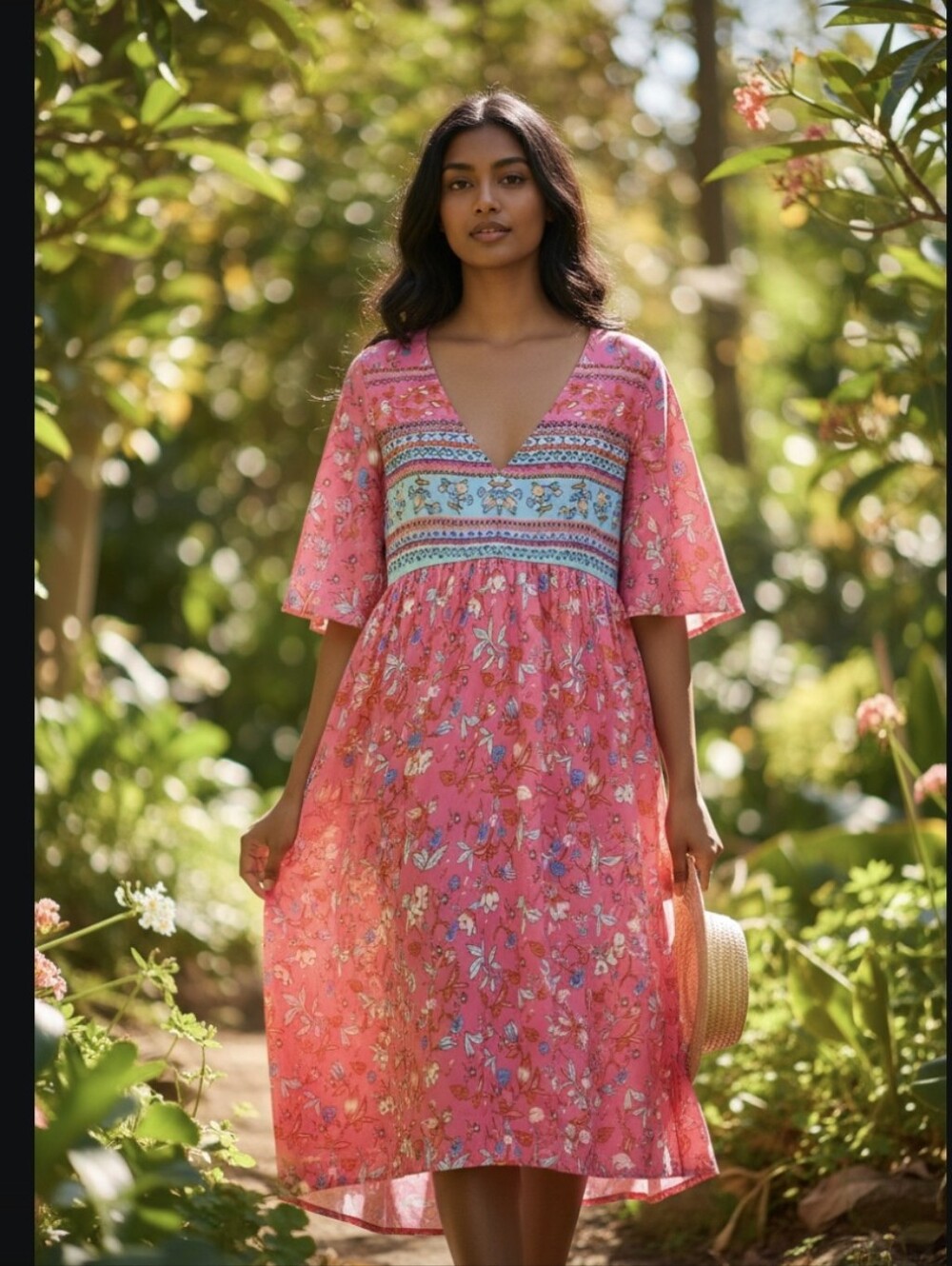 ZOLUCKY Pink and Blue Floral Print Dress